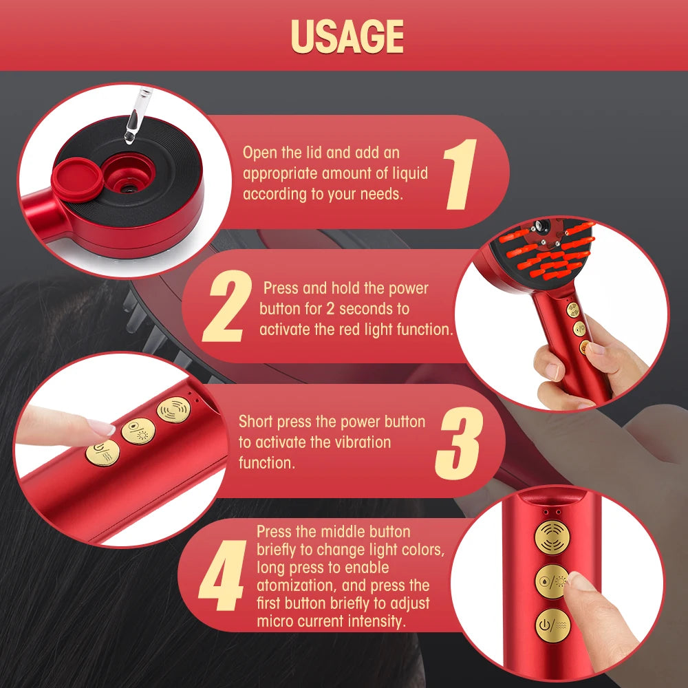 Electric Microcurrent Spray Massage Comb with Red & Blue LED Nano Atomizer Scalp Hair Growth Massager Anti-Loss Hair Follicle Care