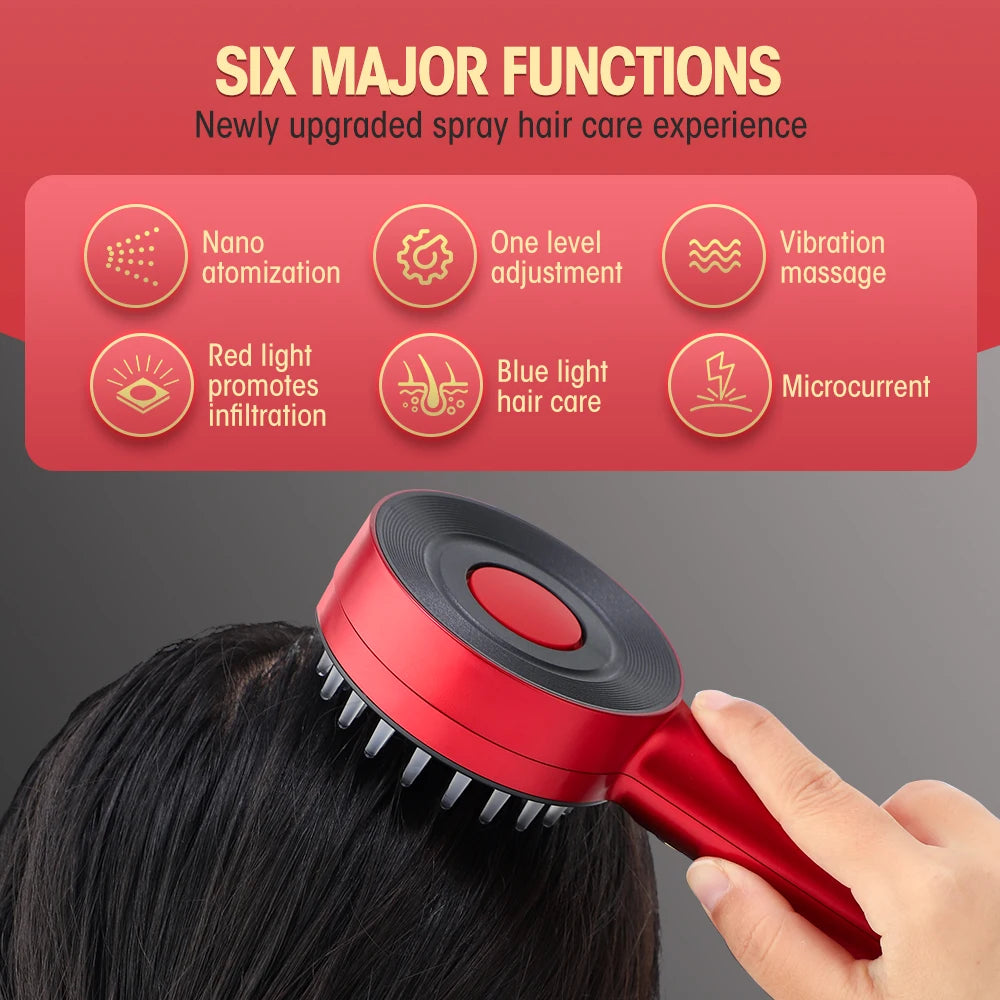 Electric Microcurrent Spray Massage Comb with Red & Blue LED Nano Atomizer Scalp Hair Growth Massager Anti-Loss Hair Follicle Care