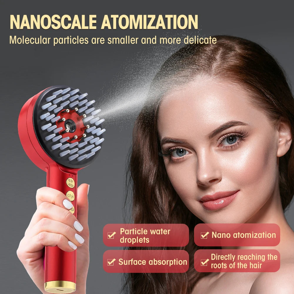 Electric Microcurrent Spray Massage Comb with Red & Blue LED Nano Atomizer Scalp Hair Growth Massager Anti-Loss Hair Follicle Care